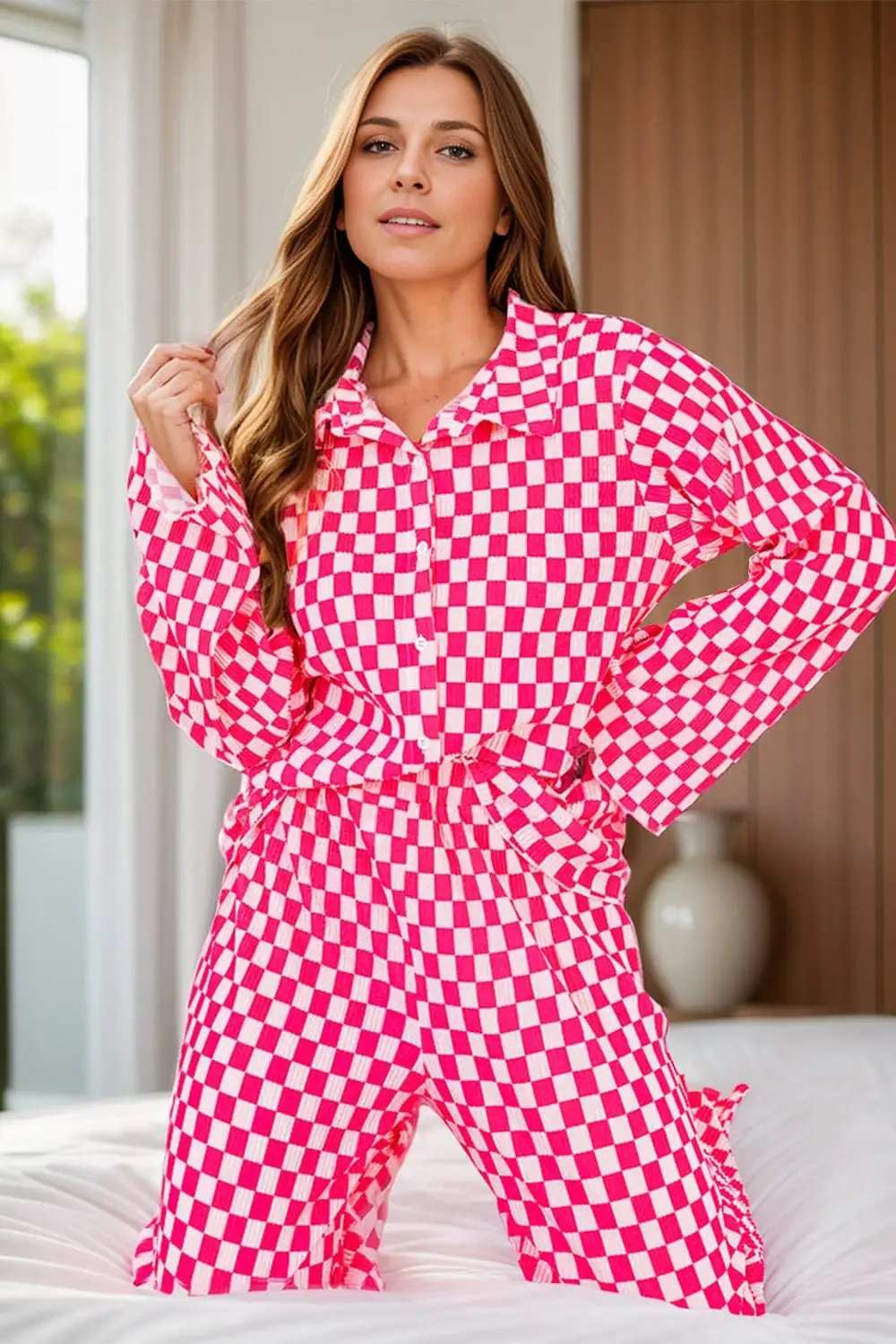 Checkered Button Up Top and Pants Lounge Set - Trendsi - Flyclothing LLC