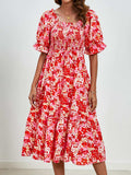 Smocked Floral Square Neck Short Sleeve Dress - Trendsi - Flyclothing LLC