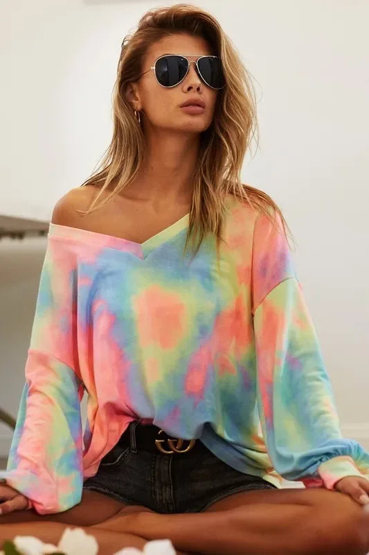 BiBi Tie Dye French Terry V Neck Top - Trendsi - Flyclothing LLC