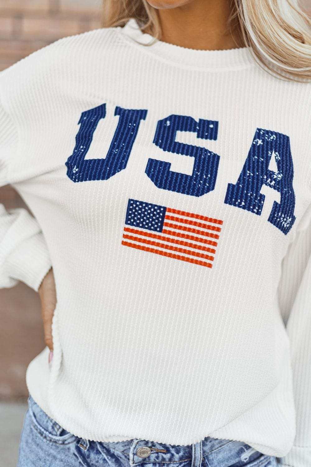 US Flag Corded Long Sleeve Sweatshirt - Trendsi - Flyclothing LLC