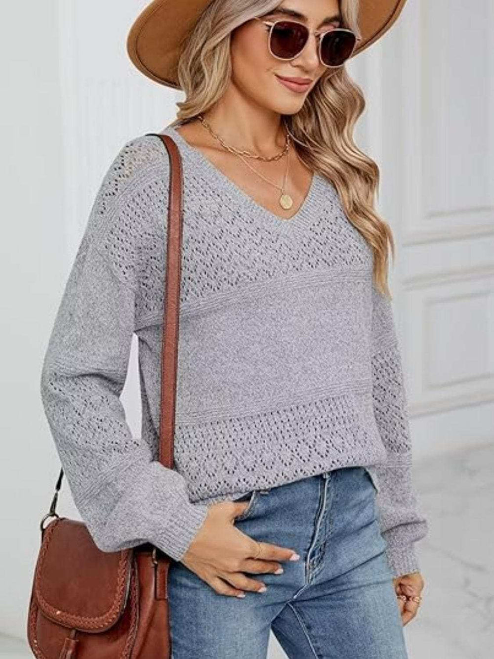 Eyelet V-Neck Long Sleeve Sweater - Trendsi - Flyclothing LLC