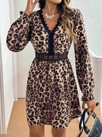 Lace Detail Leopard Flounce Sleeve Mini Dress - Trendsi - Flyclothing LLC
