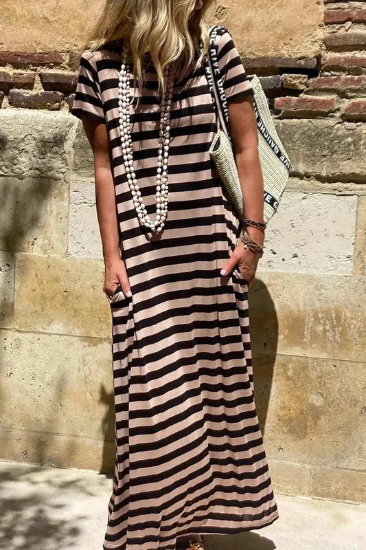 Stripe Casual Round Neck Tee Dress with Pockets - Trendsi - Flyclothing LLC