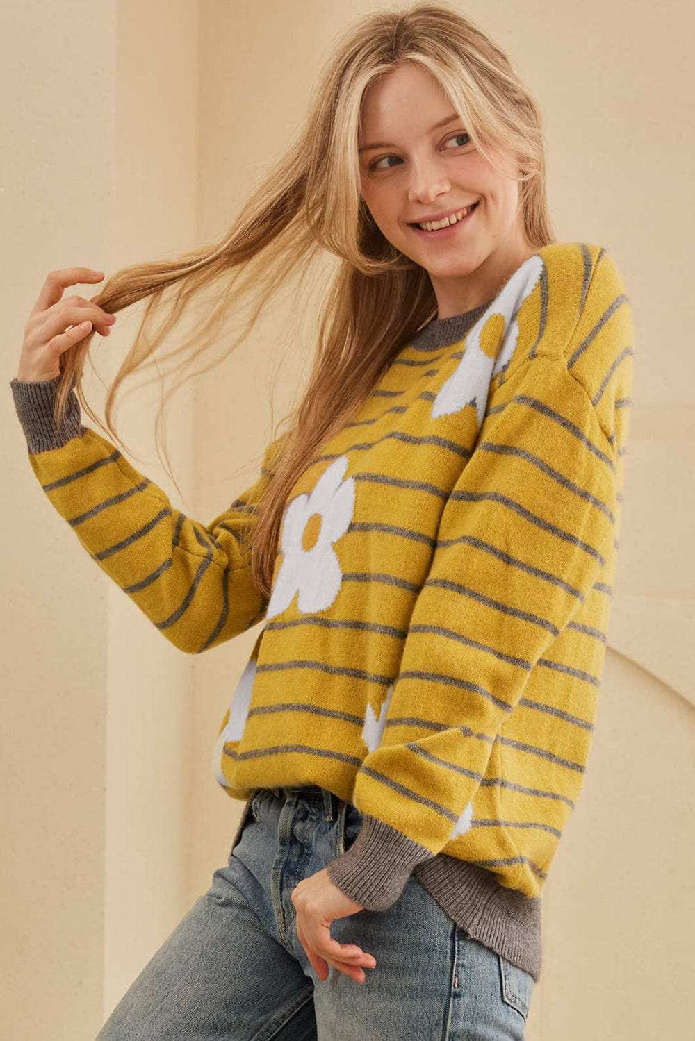 Flower Stripe Round Neck Long Sleeve Sweater - Trendsi - Flyclothing LLC