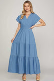 She + Sky Surplice Short Sleeve Tiered Maxi Dress With Pockets - Trendsi - Flyclothing LLC