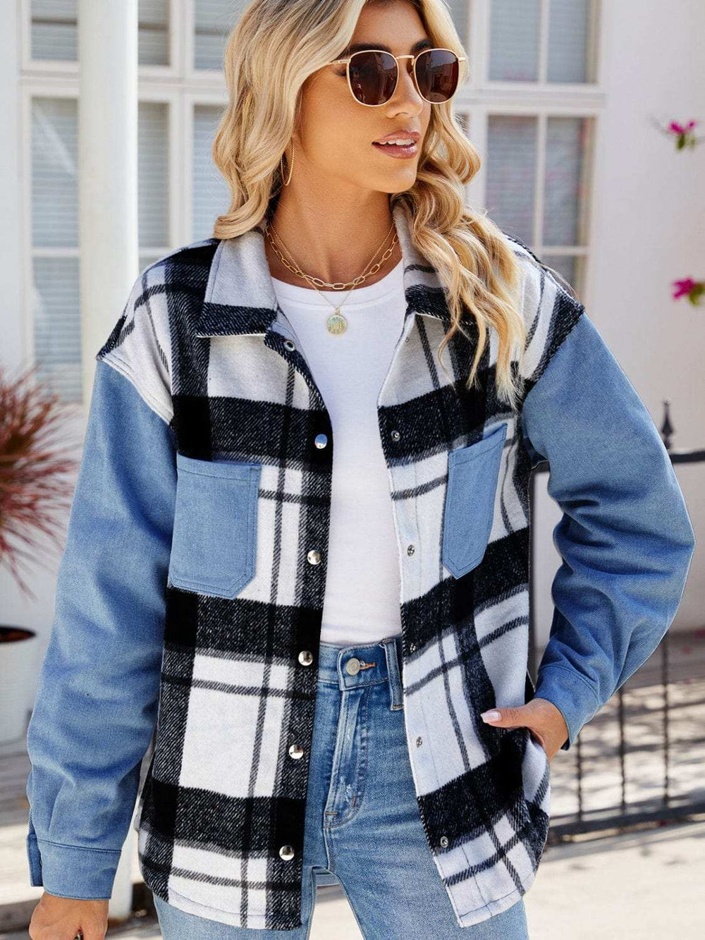 Pocketed Plaid Snap Down Denim Jacket - Trendsi - Flyclothing LLC
