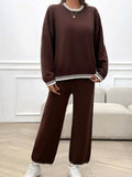 Round Neck Dropped Shoulder Top and Pants Sweater Set - Trendsi - Flyclothing LLC