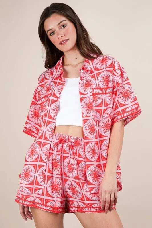 VERY J Full Size Tropical Printed Shirt Top and Shorts Set Plus Size - Trendsi - Flyclothing LLC