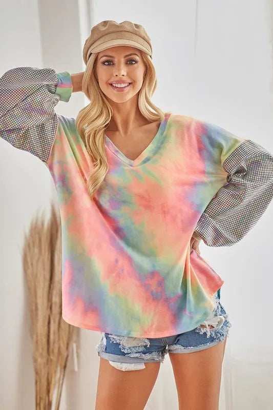 BiBi V Neck Tie Dye French Terry Top with Shiny - Trendsi - Flyclothing LLC