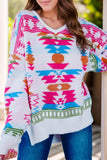 Geometric V-Neck Long Sleeve Sweater - Trendsi - Flyclothing LLC