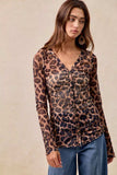 BiBi Leopard Printed Mesh Shirt With Button Up V Neck - Trendsi - Flyclothing LLC