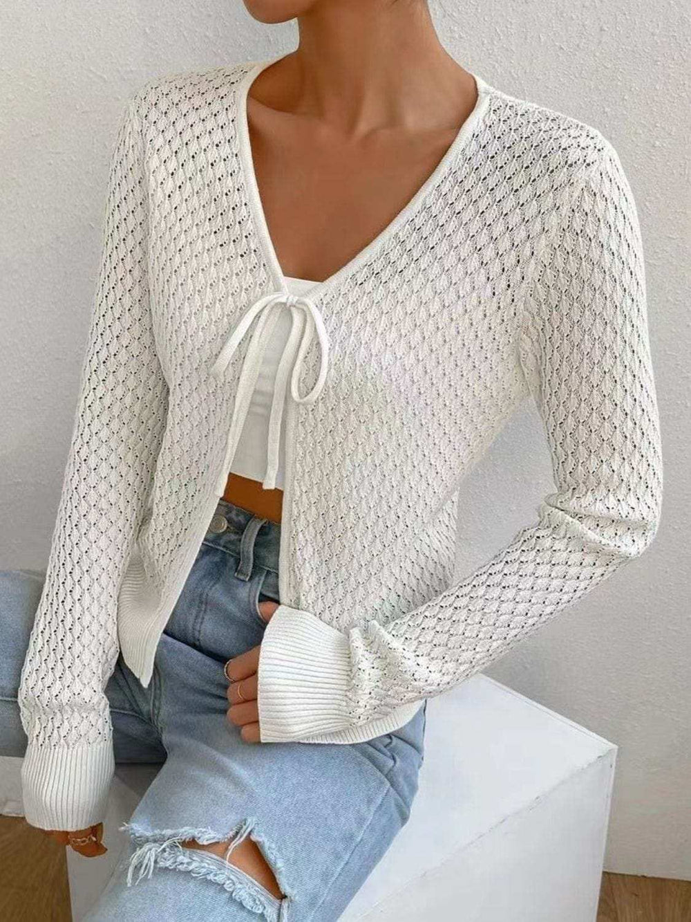 Tied Openwork V-Neck Long Sleeve Cardigan - Trendsi - Flyclothing LLC