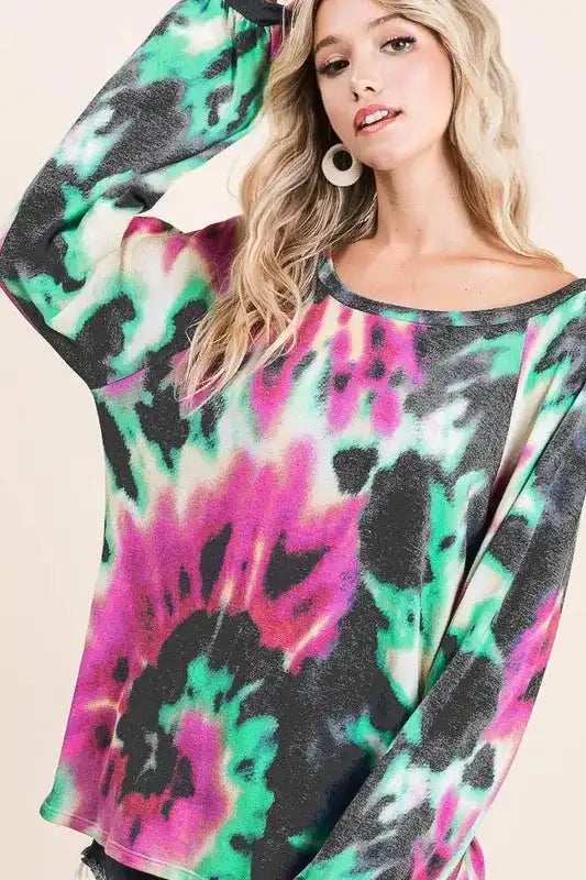 BiBi Tie Dye Print Terry Top with Puff Sleeves - Trendsi - Flyclothing LLC