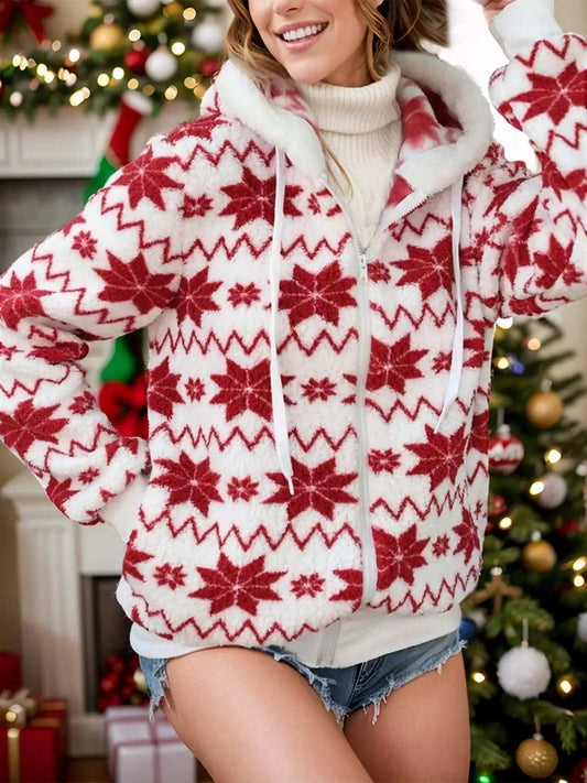 Drawstring Zip Up Hooded Teddy Outerwear - Trendsi - Flyclothing LLC