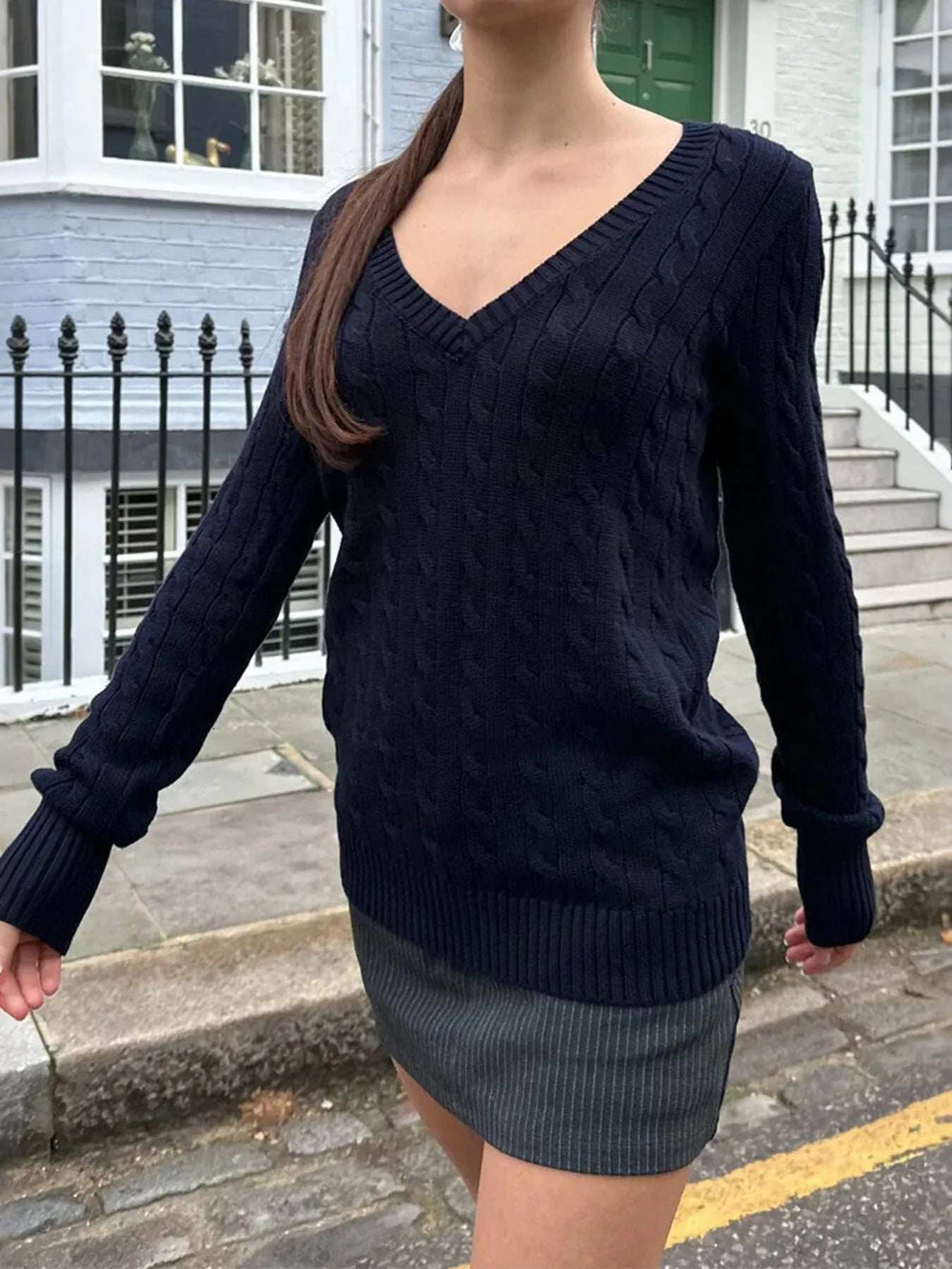 Cable Knit V-Neck Sweater - Trendsi - Flyclothing LLC