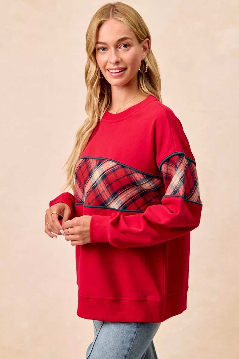BiBi Christmas Theme Plaid Block Sweatshirt with Binding - Trendsi - Flyclothing LLC