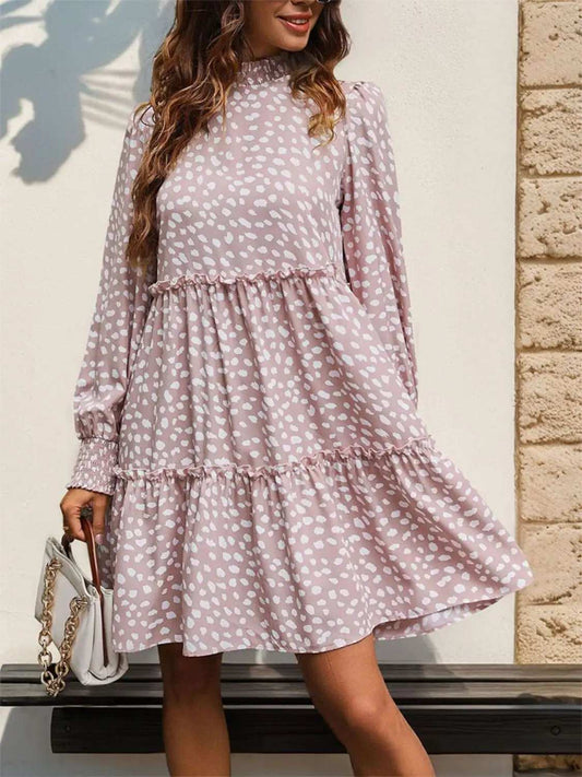 Frill Printed Mock Neck Long Sleeve Mini Dress - Trendsi - Flyclothing LLC