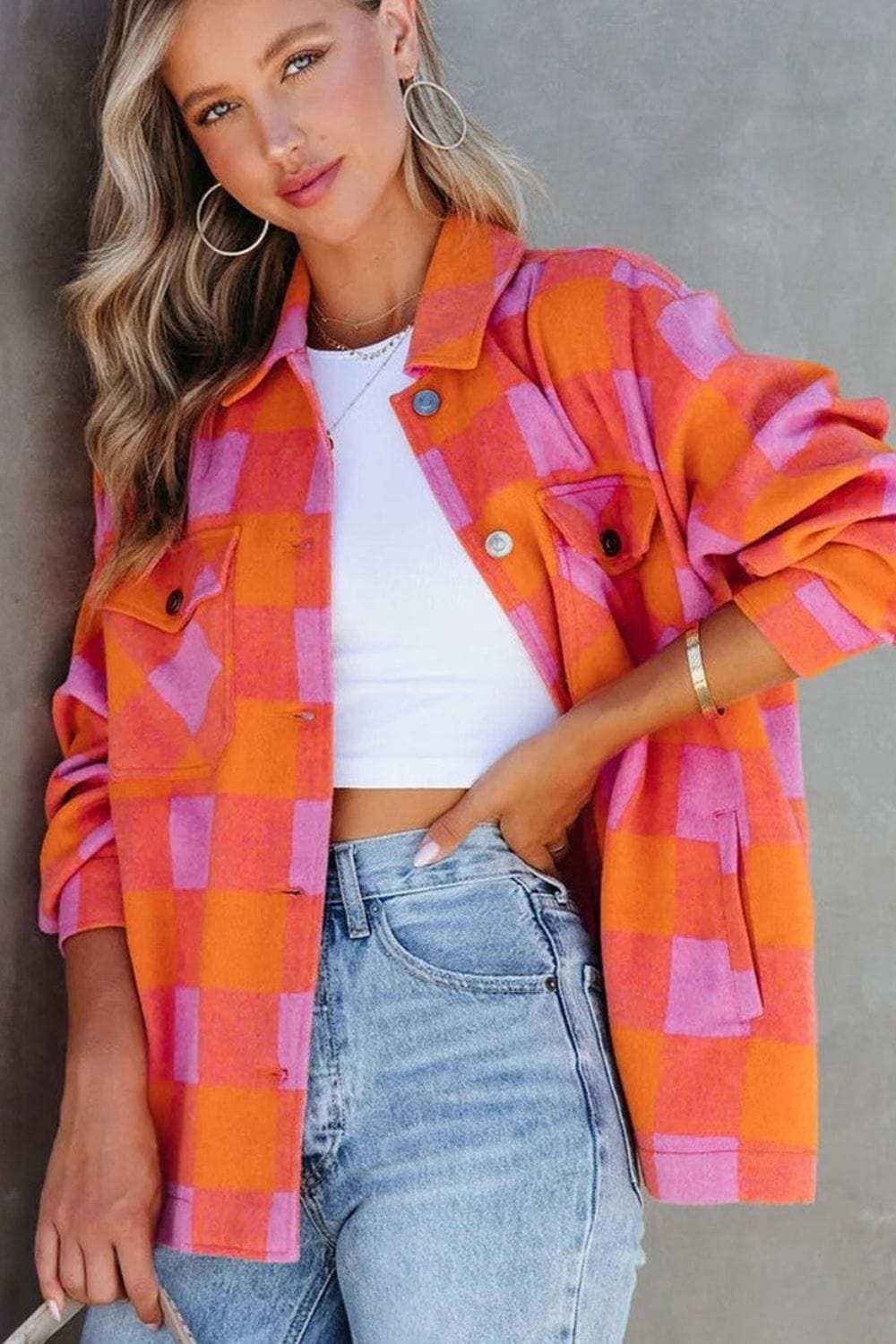 Plaid Collared Neck Button Up Jacket - Trendsi - Flyclothing LLC
