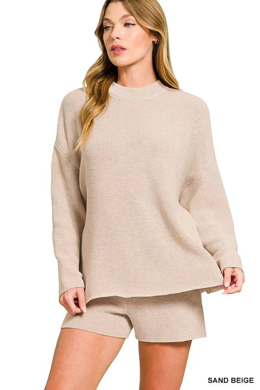 Zenana Round Neck Knit Top and Shorts Sweater Set - Trendsi - Flyclothing LLC