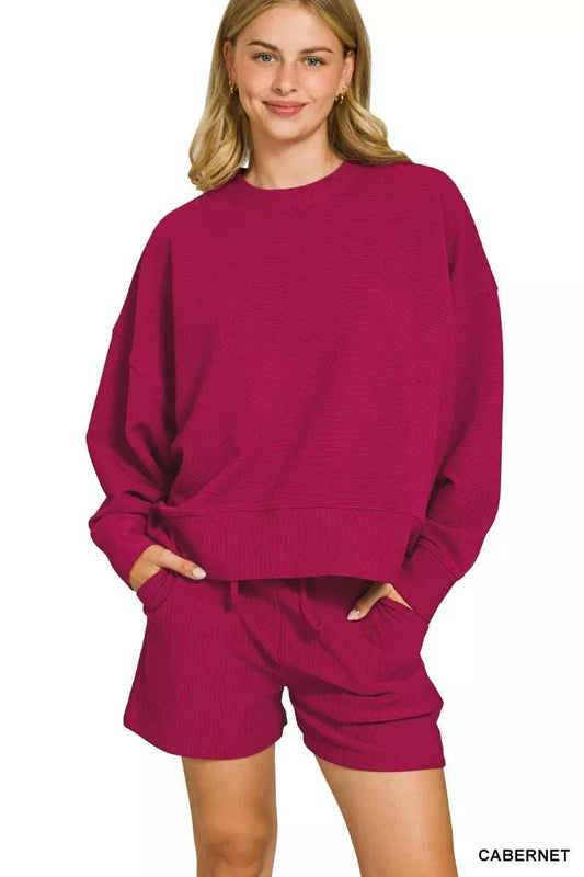 Zenana Ribbed Round Neck Pullover and Shorts Set - Trendsi - Flyclothing LLC