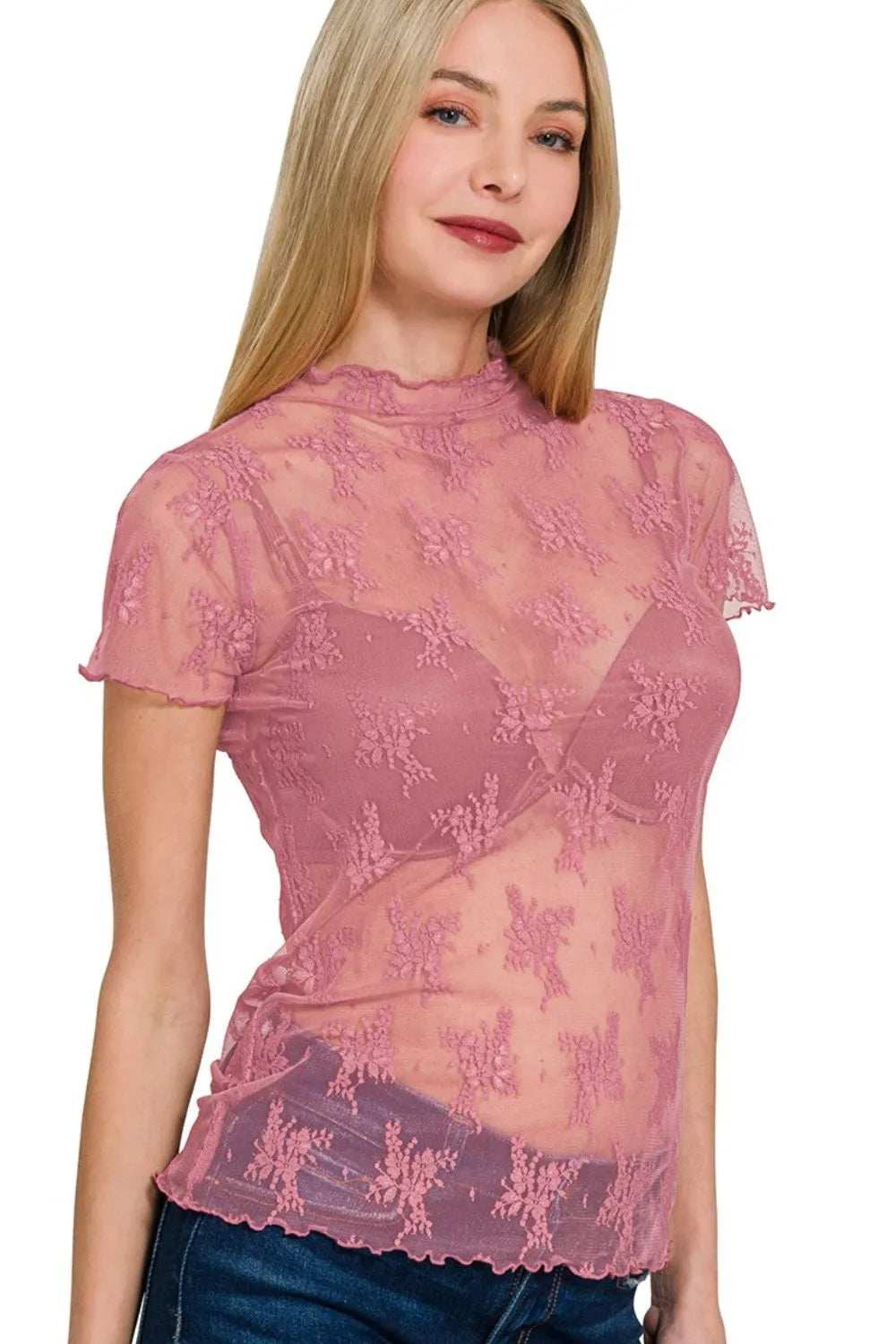 Zenana Lace See-through Layering Short Sleeve Top - Trendsi - Flyclothing LLC