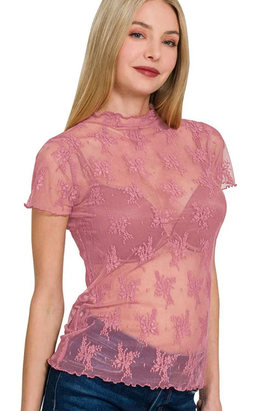 Zenana Lace See-through Layering Short Sleeve Top - Trendsi - Flyclothing LLC