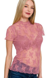 Zenana Lace See-through Layering Short Sleeve Top - Trendsi - Flyclothing LLC