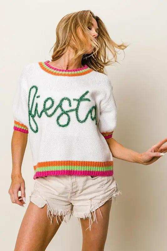 BiBi FIESTA Metallic Letter Short Puff Sleeve Sweater - Trendsi - Flyclothing LLC