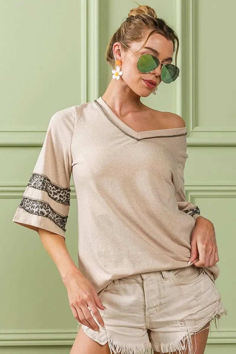 BiBi Triblend Knit Top with Leopard Band Detail - Trendsi - Flyclothing LLC