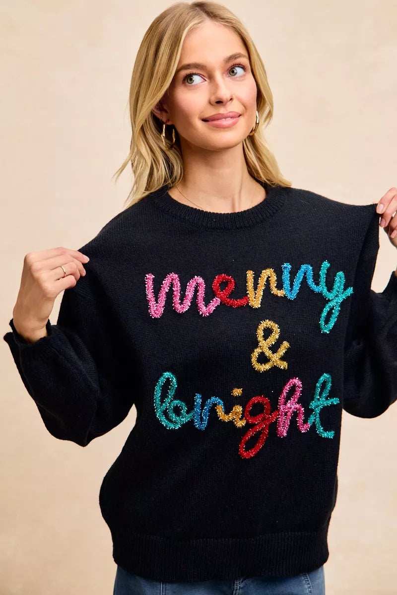 BiBi Tinsel Lettering Christmas Sweater - Trendsi - Flyclothing LLC