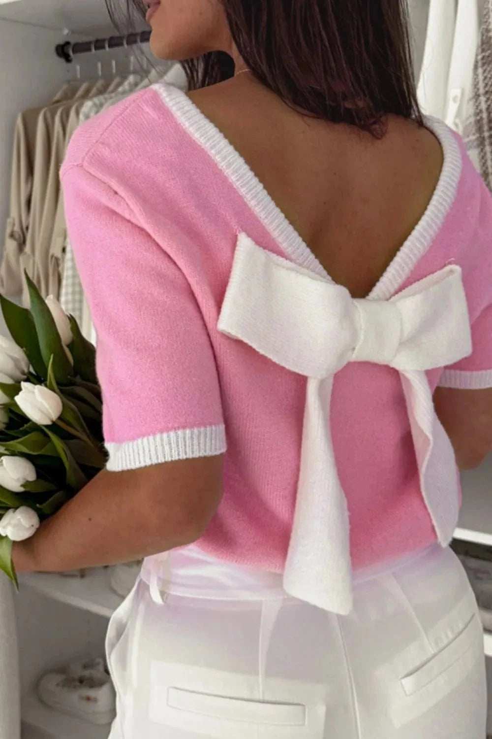 Bow Back Round Neck Short Sleeve Knit Top - Trendsi - Flyclothing LLC