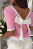 Bow Back Round Neck Short Sleeve Knit Top - Trendsi - Flyclothing LLC