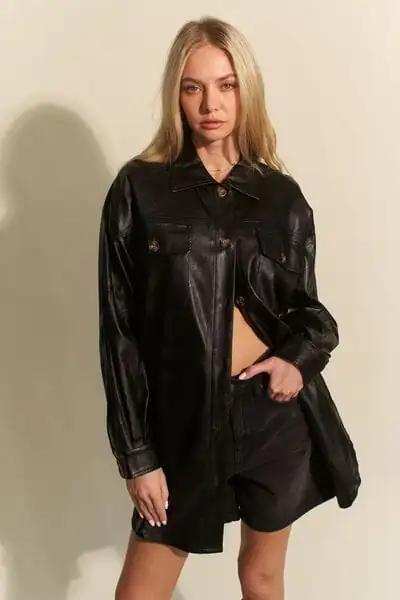 Davi & Dani Faux Leather Button Up Jacket with Chest Pockets - Trendsi - Flyclothing LLC