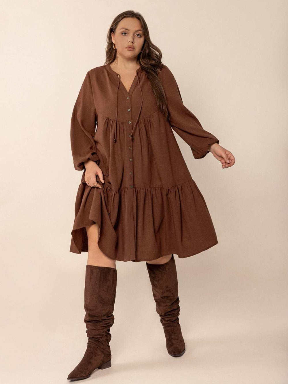 Plus Size Tie Neck Balloon Sleeve Tiered Dress - Trendsi - Flyclothing LLC