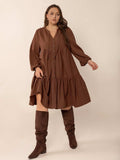 Plus Size Tie Neck Balloon Sleeve Tiered Dress - Trendsi - Flyclothing LLC