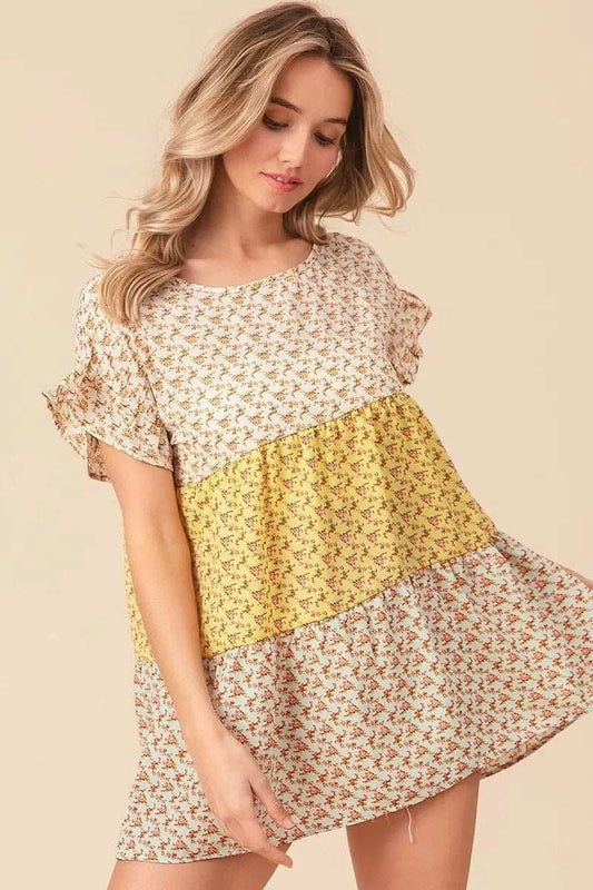 BiBi Flroal Printed Woven Color Block and Tiered Top - Trendsi - Flyclothing LLC