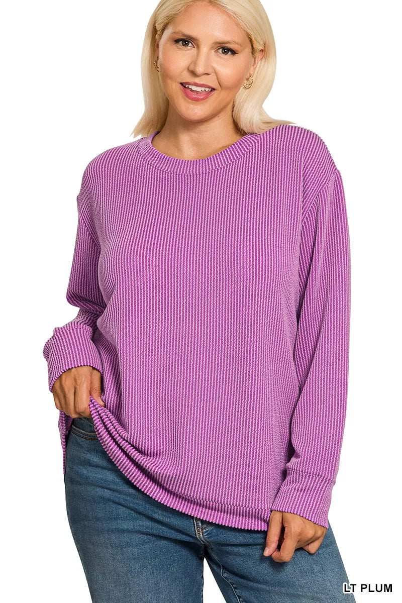 Zenana Full Size Raised Rib Round Neck Long Sleeve Top Plus Size - Trendsi - Flyclothing LLC