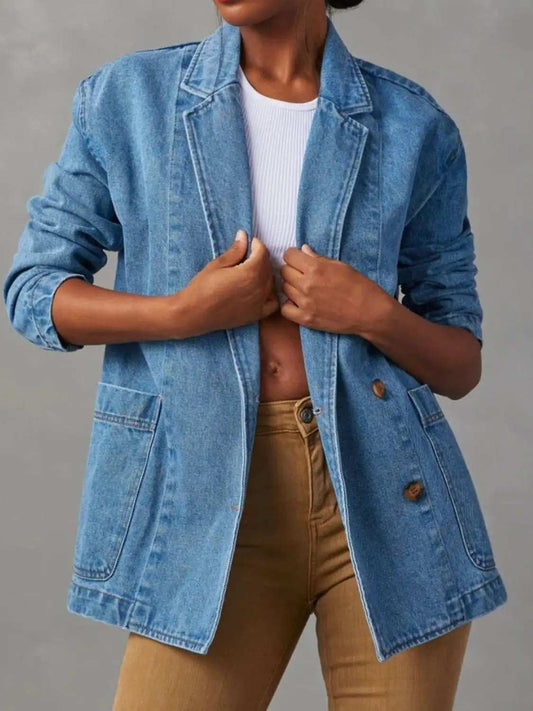 Pocketed Lapel Collar Long Sleeve Denim Jacket - Trendsi - Flyclothing LLC