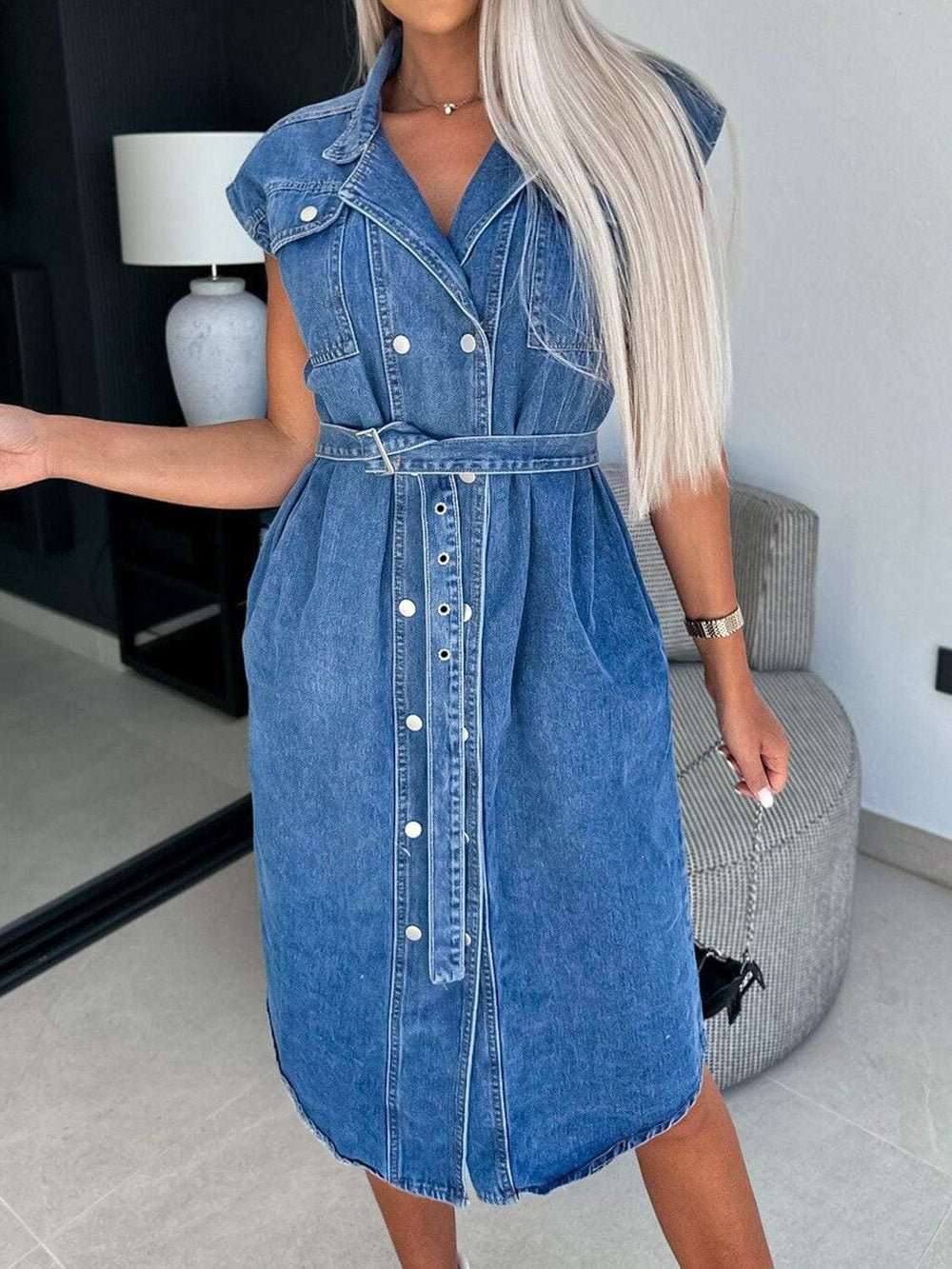 Collared Neck Cap Sleeve Denim Dress - Trendsi - Flyclothing LLC