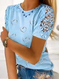 Full Size Lace Detail Heart Round Neck Short Sleeve Top - Trendsi - Flyclothing LLC