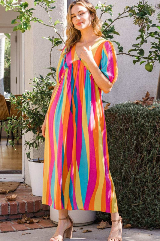 ODDI Full Size Striped Puff Sleeve Wide Leg Jumpsuit - Trendsi - Flyclothing LLC