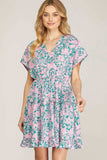 She + Sky Full Size Ruffled Hem Printed Surplice Kimono Sleeve Mini Dress Plus Size - Trendsi - Flyclothing LLC