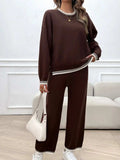 Round Neck Dropped Shoulder Top and Pants Sweater Set - Trendsi - Flyclothing LLC