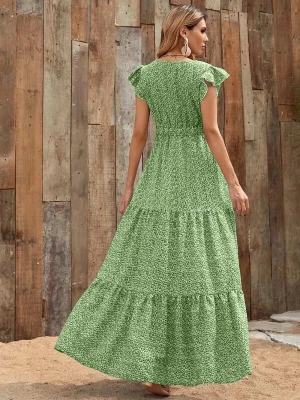 Printed V-Neck Ruffled Cap Sleeve Maxi Dress - Trendsi - Flyclothing LLC