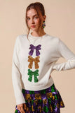 SO ME Mardi Gras Sequins Bow Ribbon Embellished Sweater - Trendsi - Flyclothing LLC