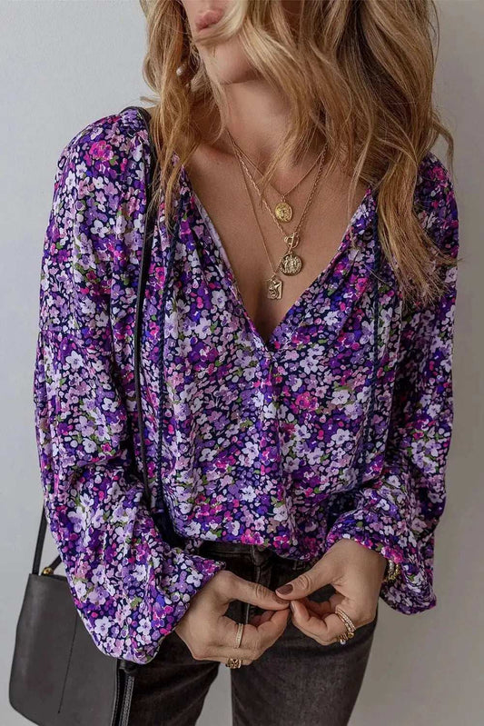 Floral Tie Neck Long Sleeve Blouse - Trendsi - Flyclothing LLC