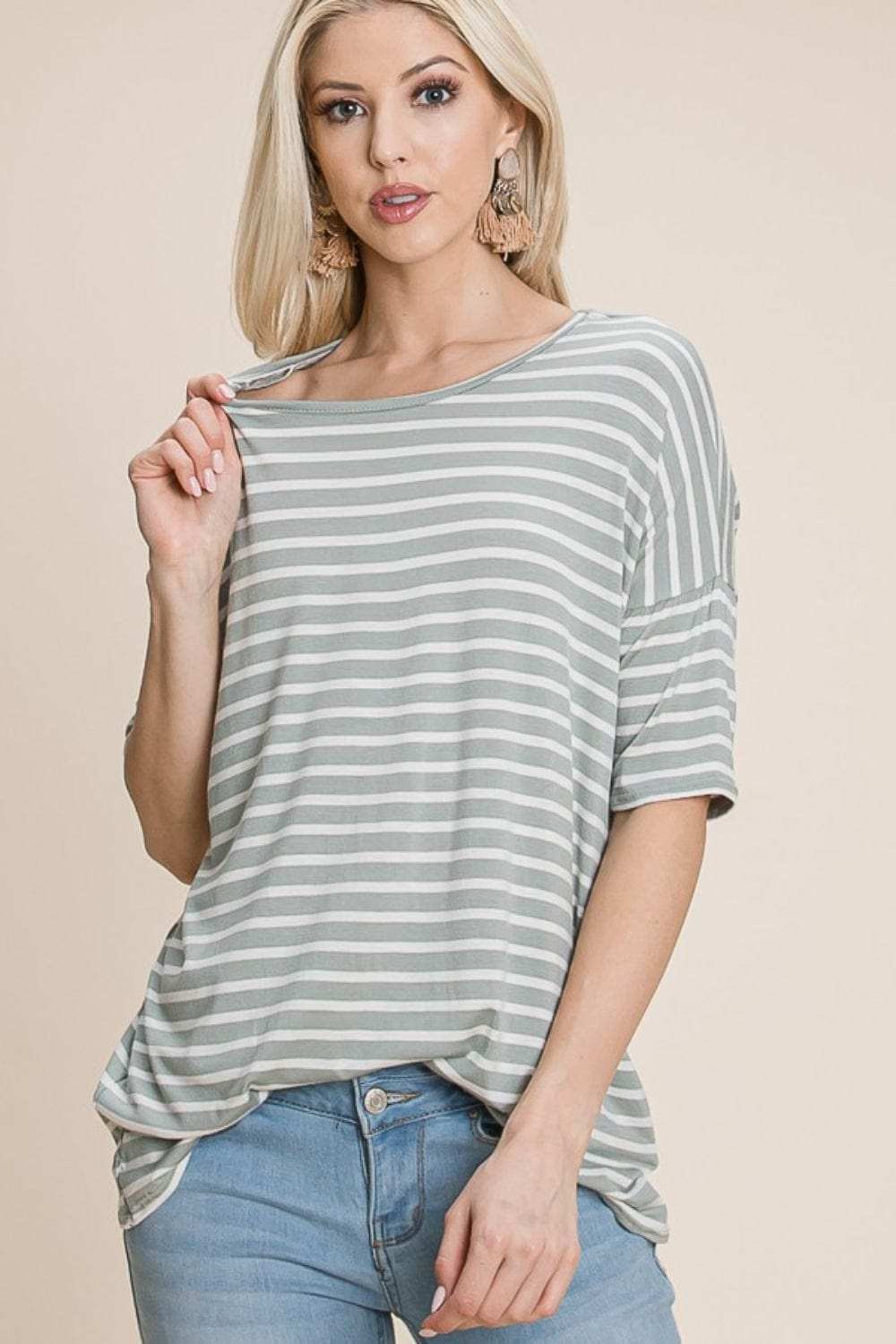 BOMBOM Striped Round Neck T-Shirt - Trendsi - Flyclothing LLC