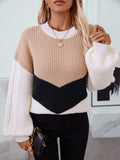 Contrast Round Neck Long Sleeve Sweater - Trendsi - Flyclothing LLC
