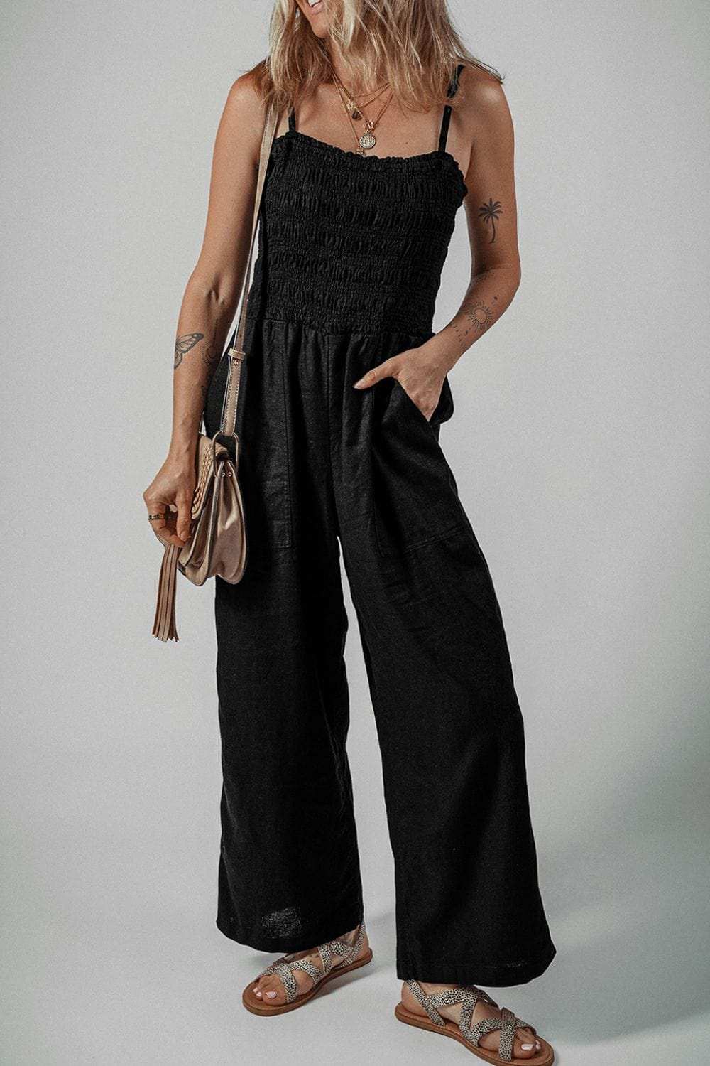 Smocked Spaghetti Straps Wide Leg Jumpsuit - Trendsi - Flyclothing LLC