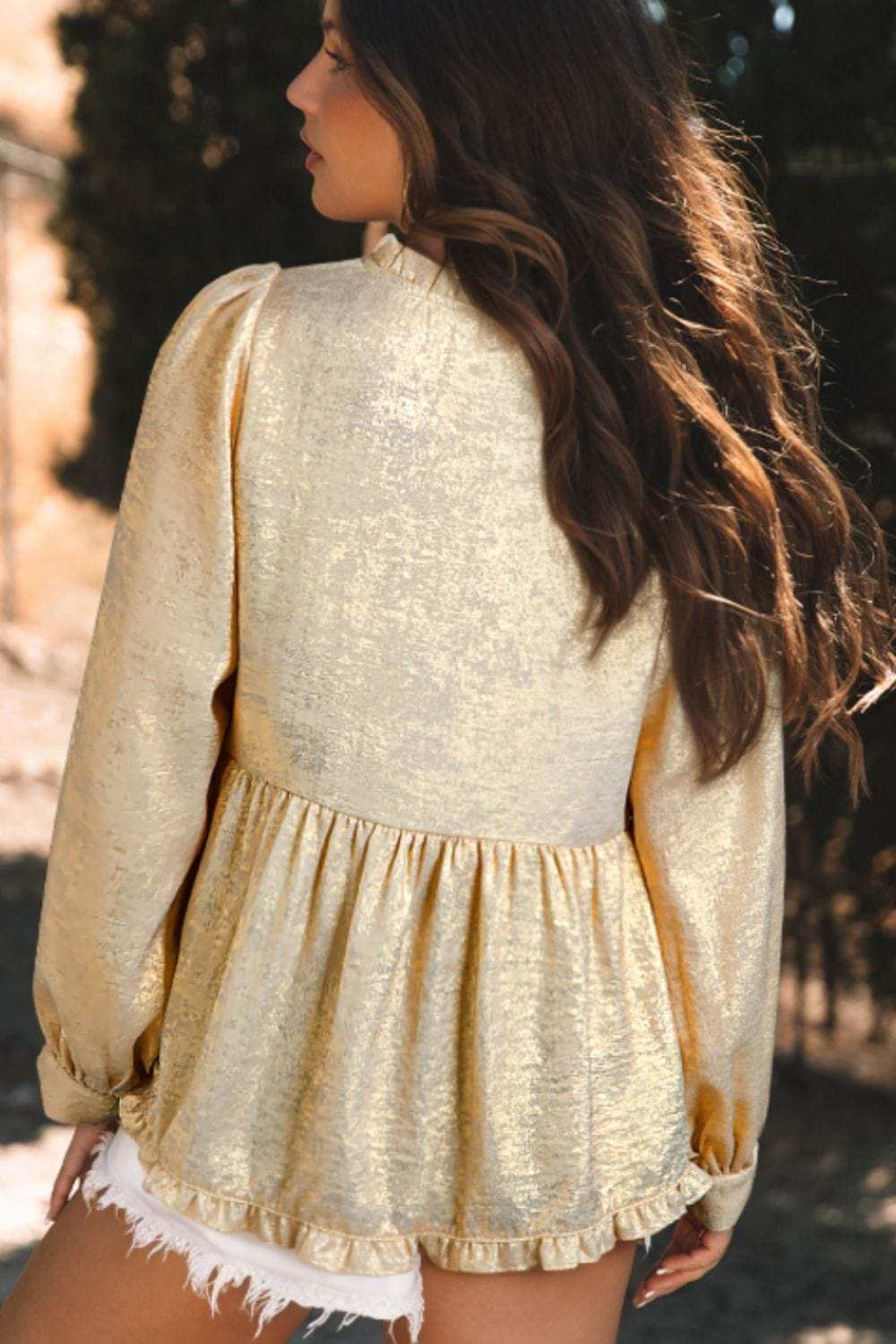 Frill Peplum V-Neck Long Sleeve Blouse - Trendsi - Flyclothing LLC